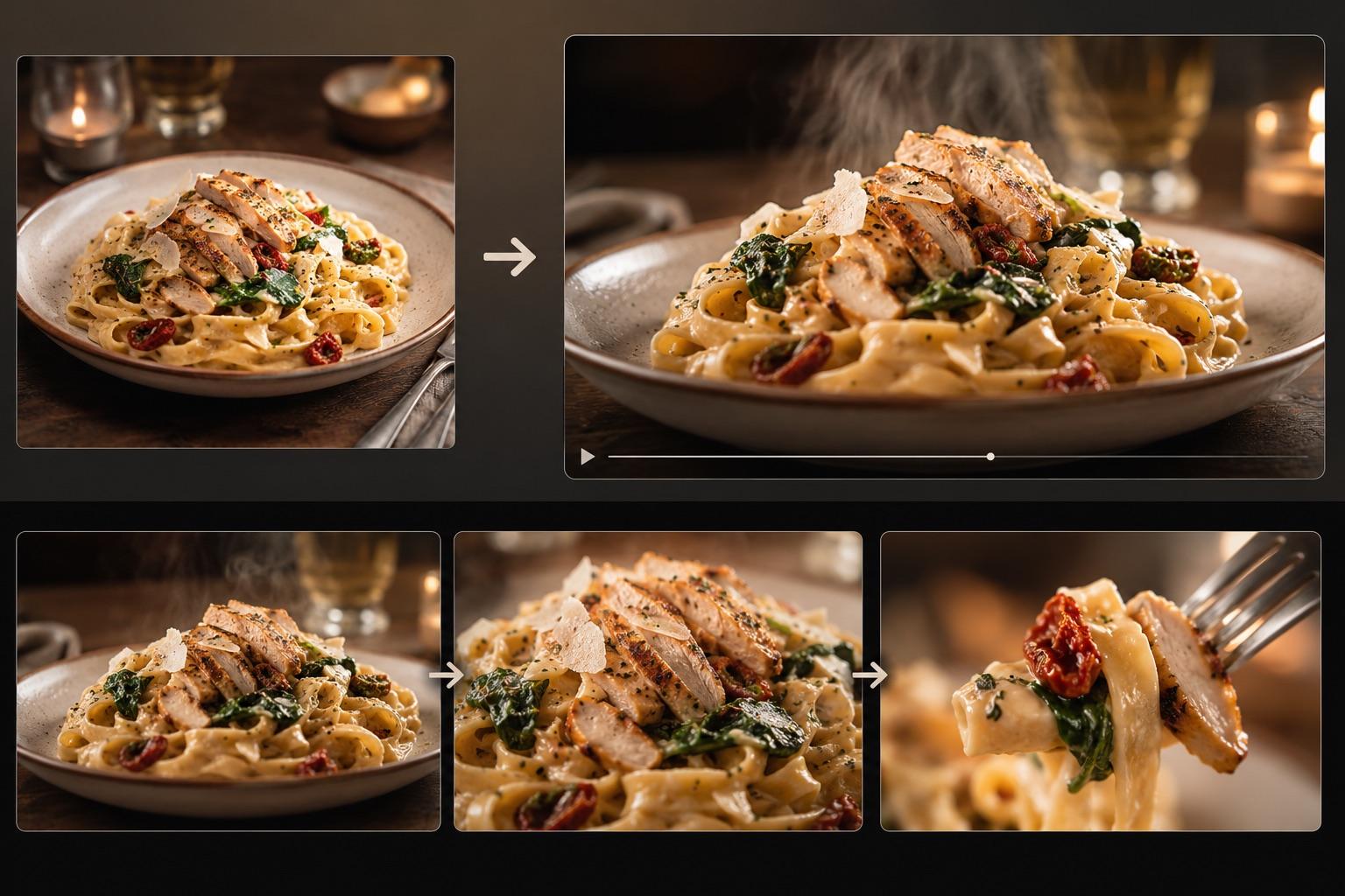 A pasta photo transformed into a restrained food-video storyboard with steam, a push-in, and a fork-lift detail