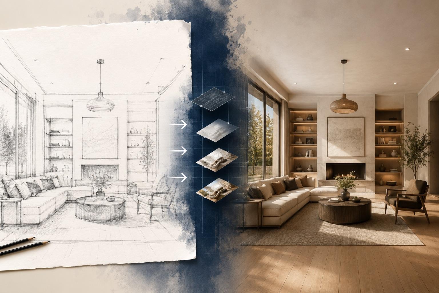 A graphite room sketch transformed into a polished interior while preserving the original composition