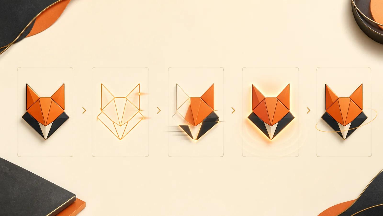 One fictional fox logo moving through reveal, build, pulse, and loop animation concepts