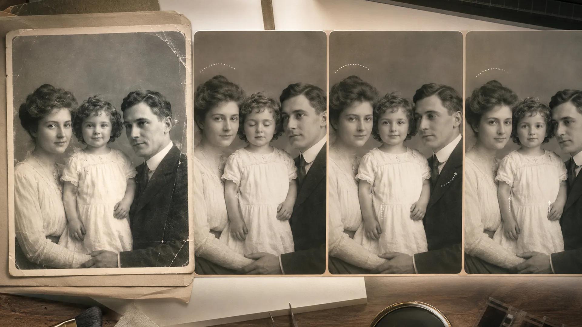 A scanned black-and-white vintage portrait shown beside a subtly animated video frame of the same photo, illustrating how to animate old photos with AI while preserving the subject's likeness