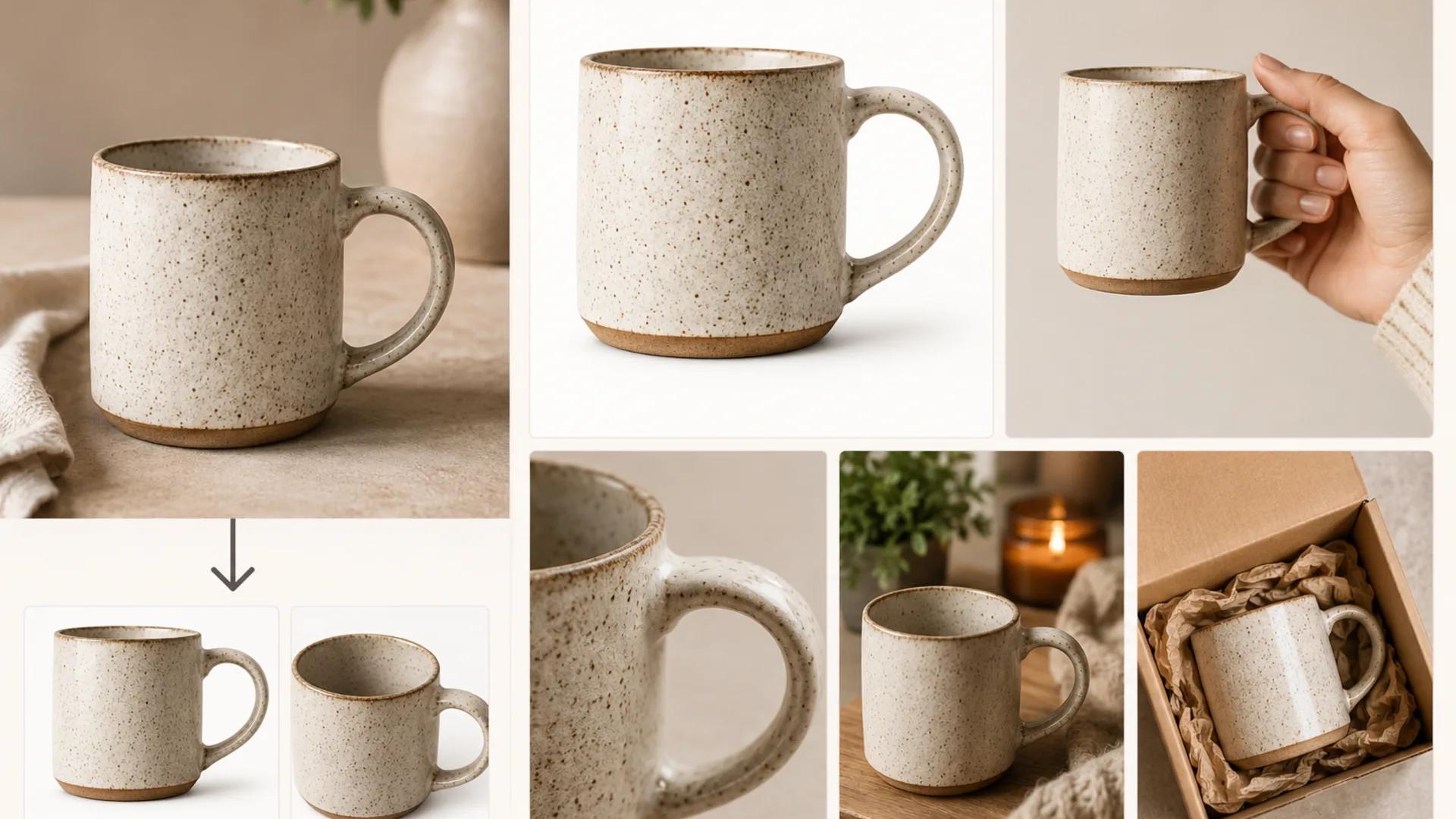 Etsy seller workspace showing one handmade ceramic mug photo being expanded into a full listing gallery with primary, scale, detail, and lifestyle views