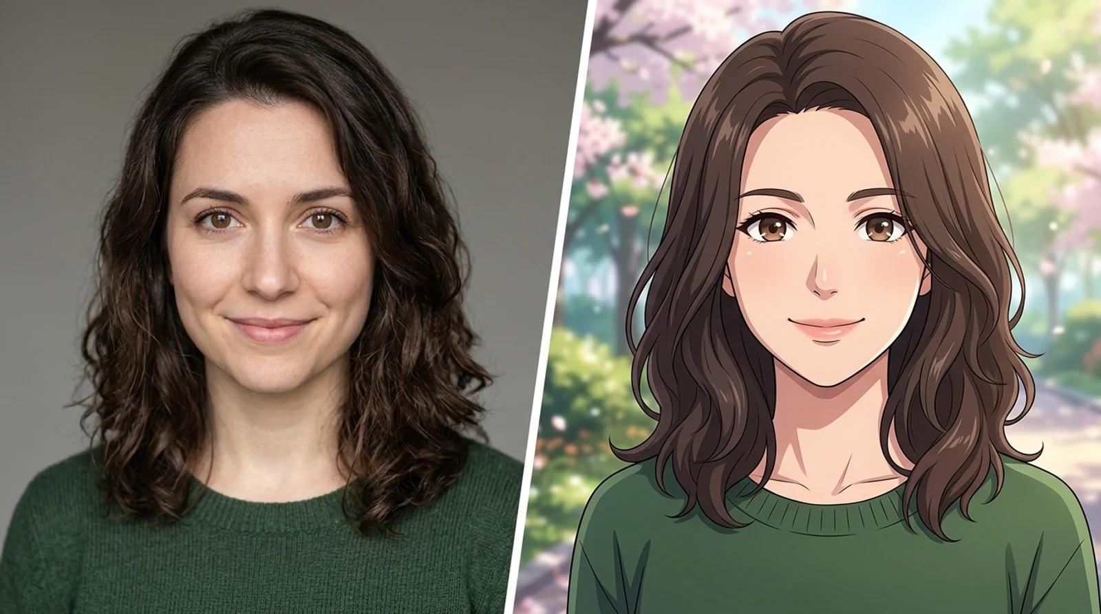 A realistic photo portrait on the left, the same person redrawn as an anime illustration on the right
