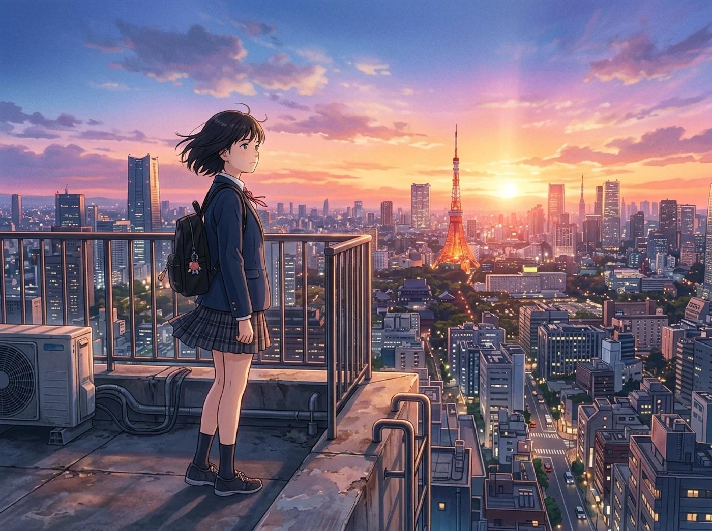 An anime character on a rooftop at golden hour with a city skyline behind