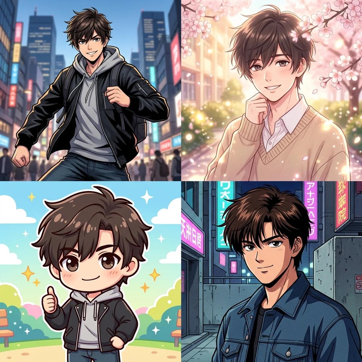 The same character rendered in four anime styles: modern, shonen, soft pastel, and 90s retro
