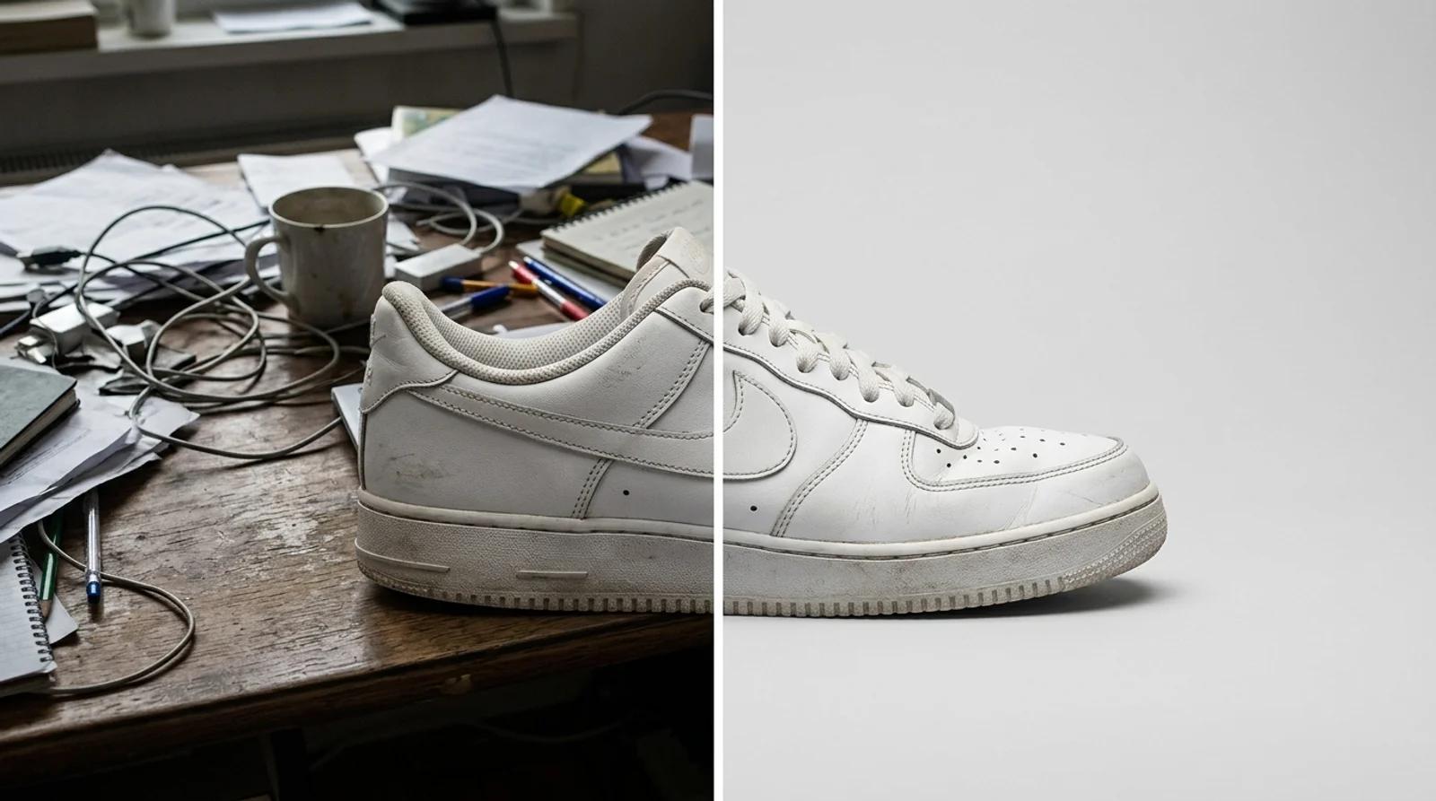 A sneaker on a messy desk next to the same sneaker on a clean studio backdrop