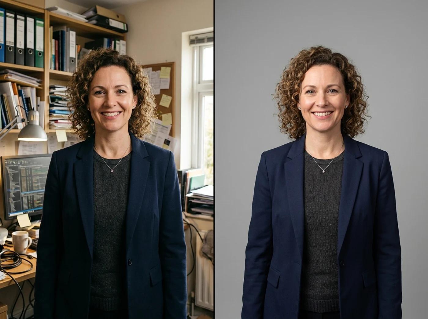 A person photographed in a cluttered office next to the same person on a clean grey studio backdrop