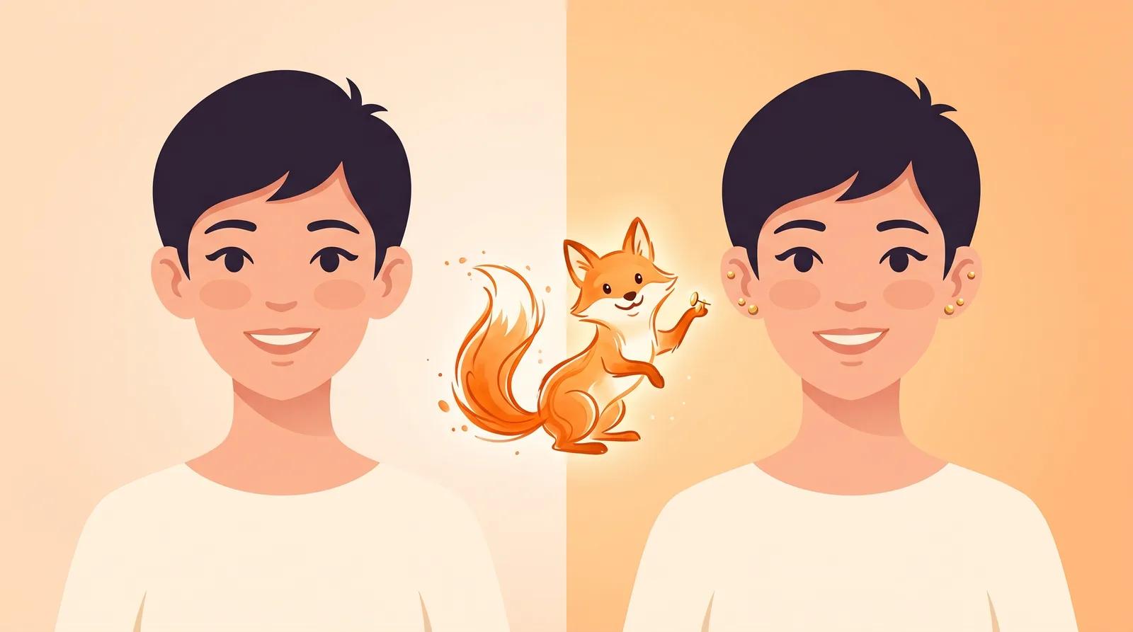 On the left, a face with bare ears; on the right, the same face wearing stud earrings with the features and lighting unchanged