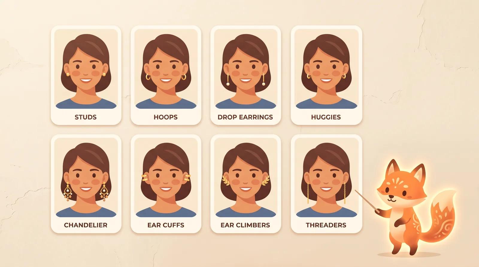 A grid showing the same face trying on studs, hoops, drops, huggies, chandelier, ear cuffs, ear climbers, and threaders
