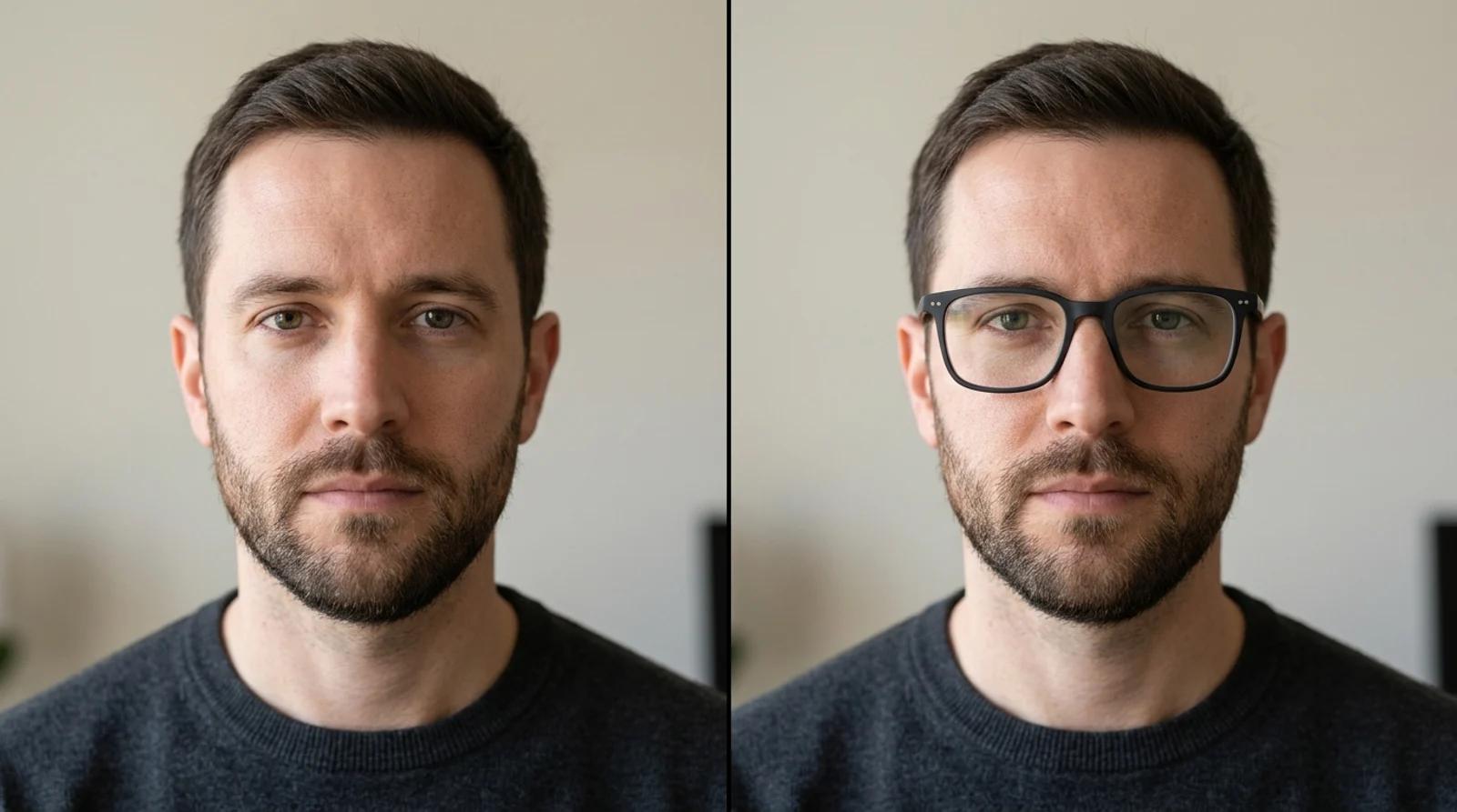On the left, a man photographed head-on with no glasses; on the right, the same man wearing rectangular eyeglasses that match his face and lighting