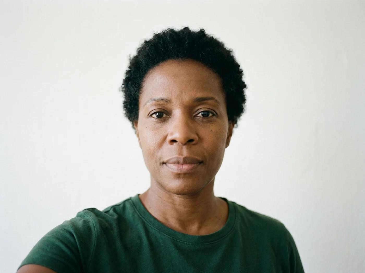 An ideal try-on selfie: a woman photographed head-on at eye level in soft even light, both eyes and her nose bridge clearly visible, no glasses on