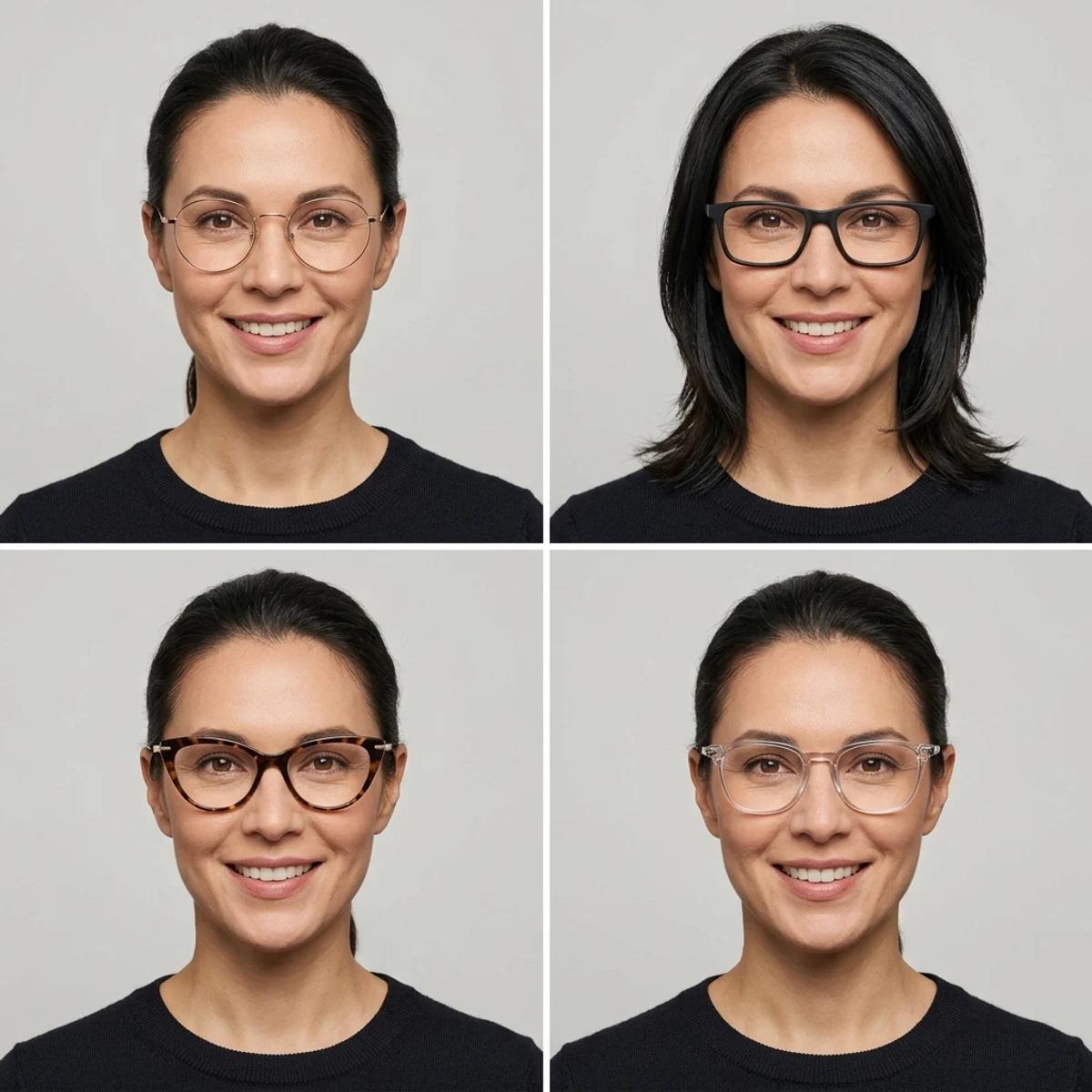 A 2x2 grid showing the same woman trying four eyeglass frame styles (round, square, browline, and cat-eye) on the same head-on portrait