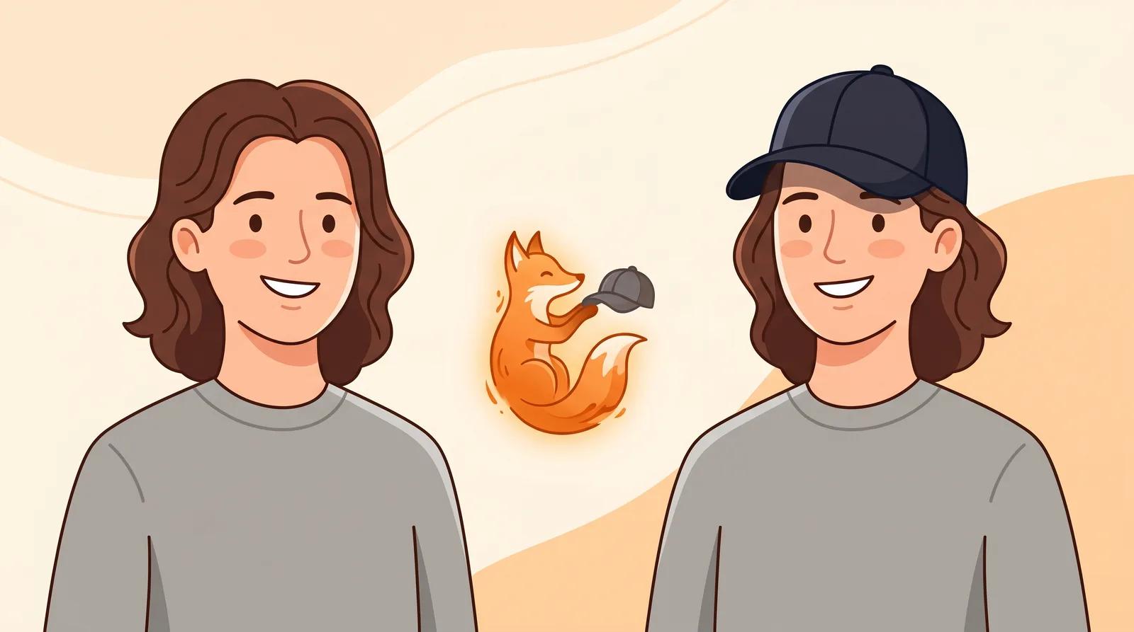 On the left, a person bare-headed; on the right, the same face wearing a baseball cap with the lighting and features unchanged