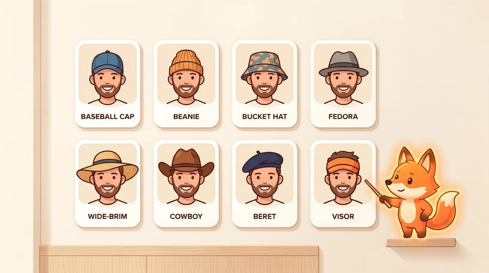 A grid showing the same face trying on baseball cap, beanie, bucket hat, fedora, wide-brim, cowboy, beret, and visor styles