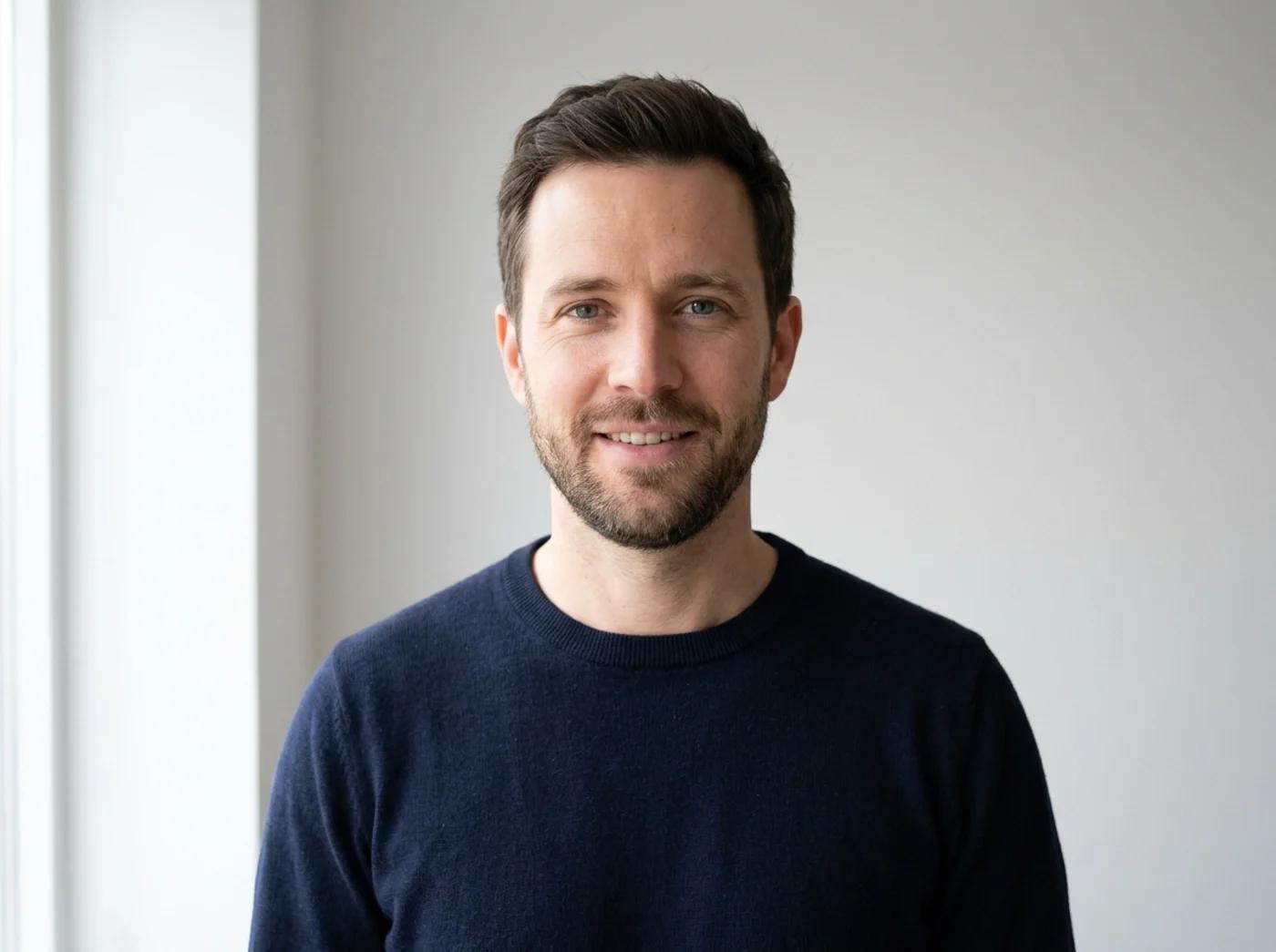 An ideal source selfie: a man photographed head-and-shoulders at eye level near a bright window, soft even daylight on his face, plain background