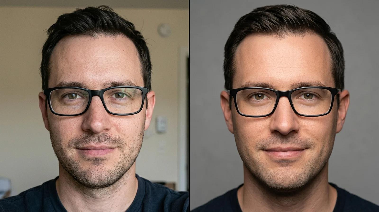 A close side-by-side of the same man with glasses: the original selfie on the left and the AI headshot on the right, with eyes, hairline, and glasses unchanged