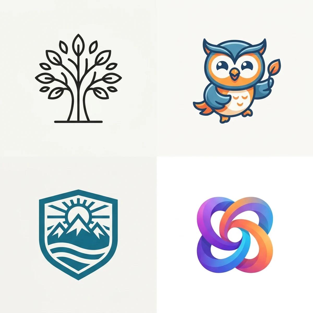Four logo styles side by side: a line icon, a mascot character, an emblem crest, and an app-icon mark