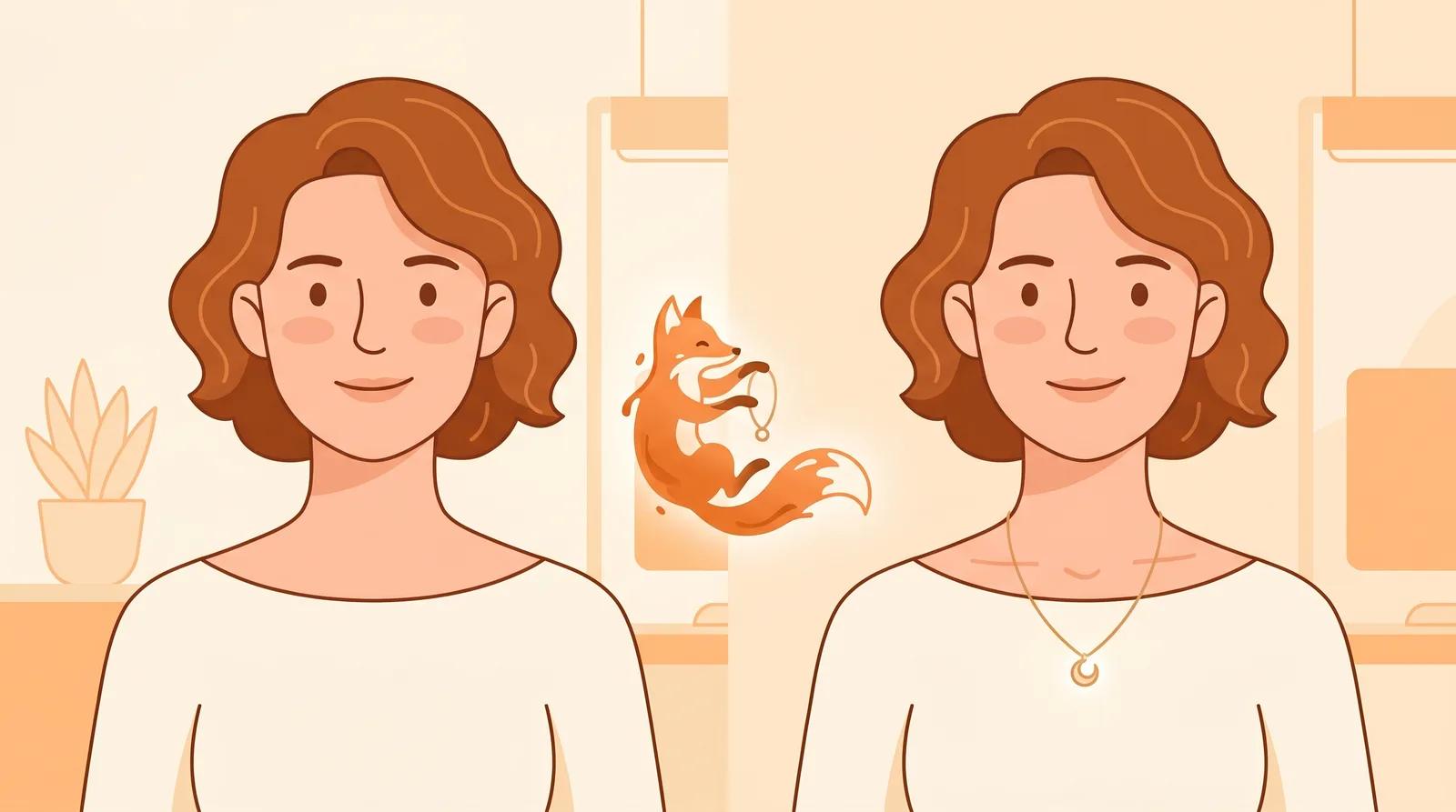 On the left, a bare neckline; on the right, the same neckline wearing a pendant necklace with the skin and lighting unchanged
