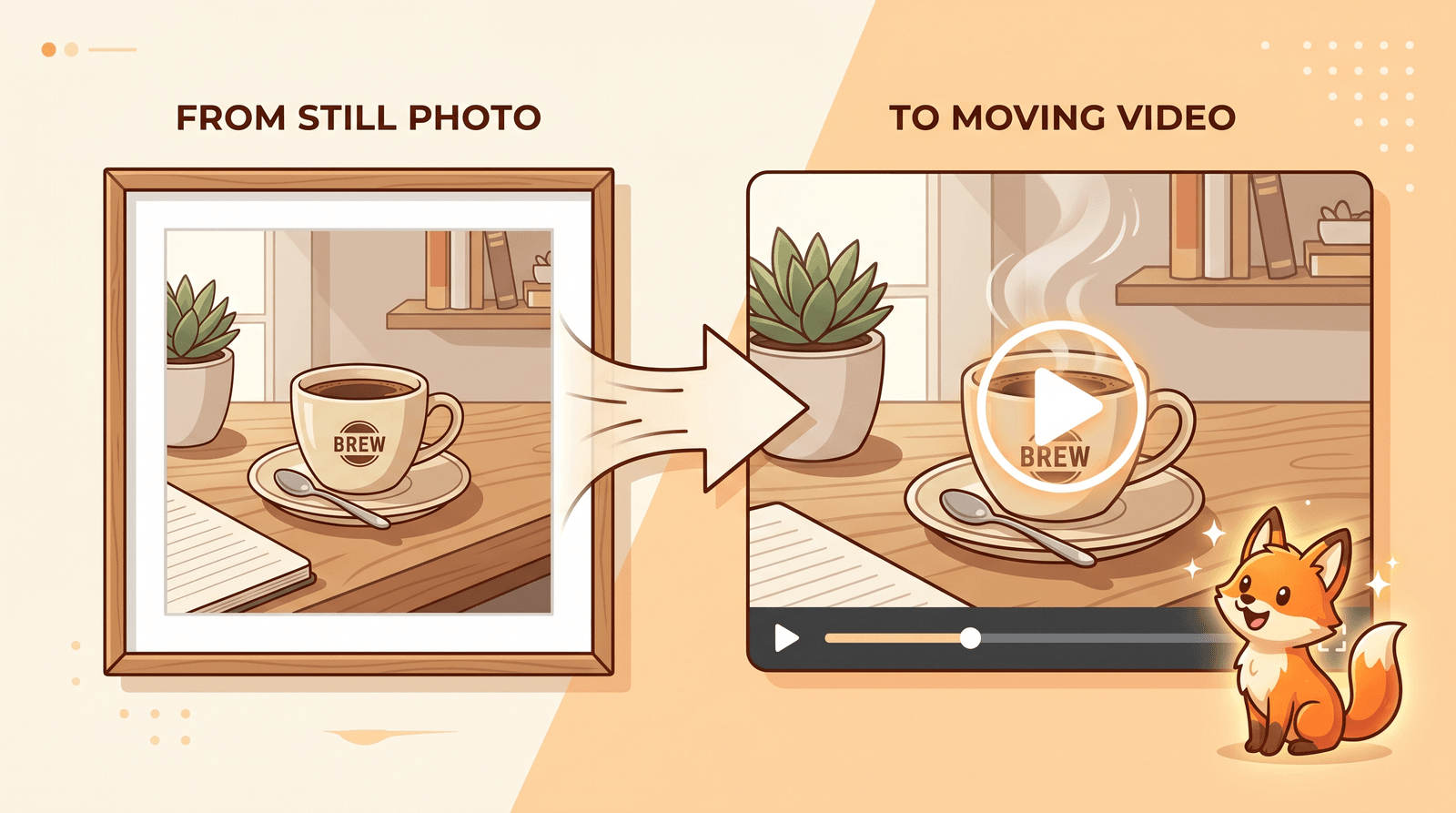 A photo of a coffee cup on the left turning into a playing video on the right, with gentle steam and motion lines