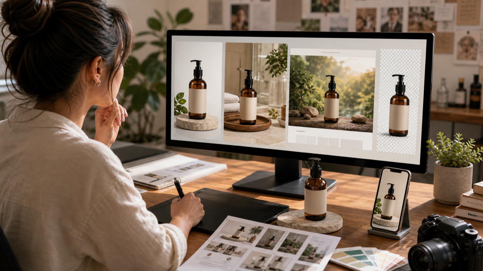 Newly generated Inkfox AI product-photo illustration showing one product becoming studio, lifestyle, landing, and cutout assets