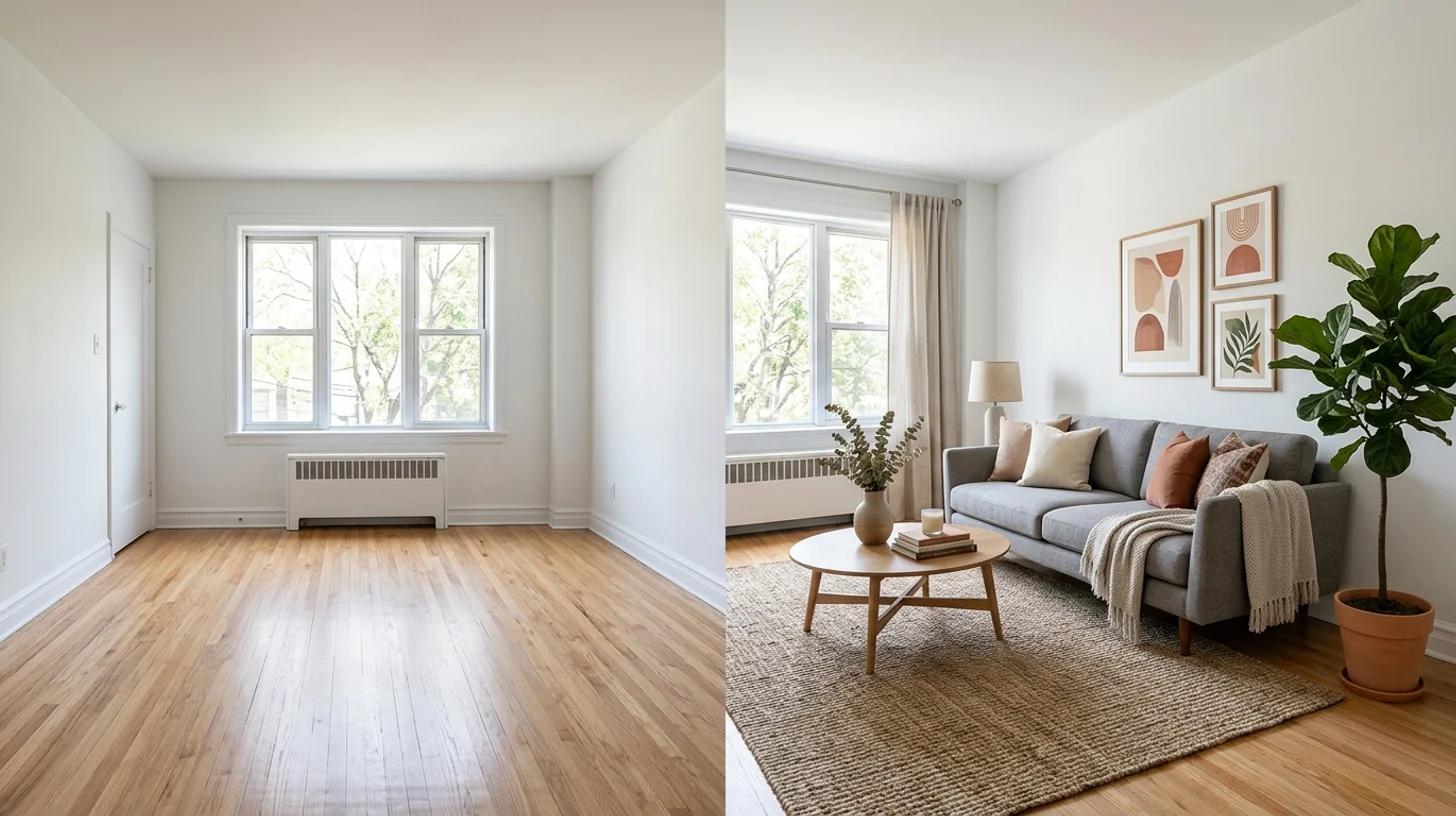 An empty, bland rental living room on the left and the same room virtually staged with furniture and decor on the right