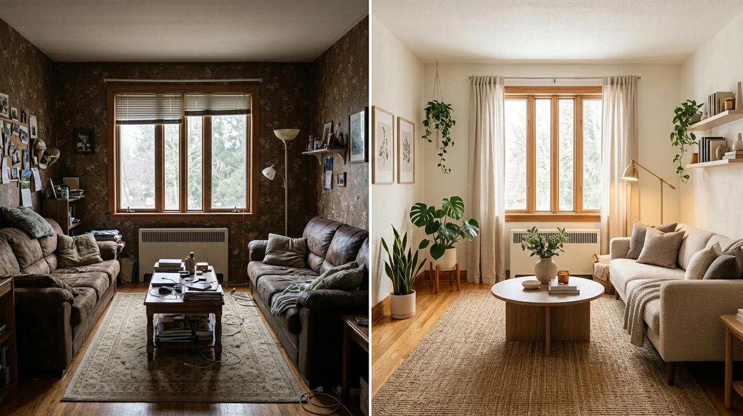 A cluttered, dated living room on the left and the same room restyled modern and cozy on the right