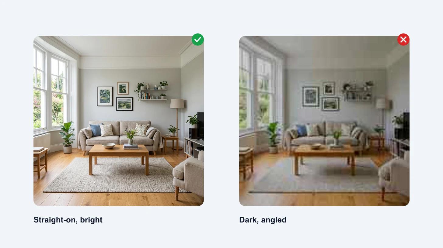 A cluttered, dimly lit corner shot beside a clean, straight-on, well-lit room photo, marked as the better source