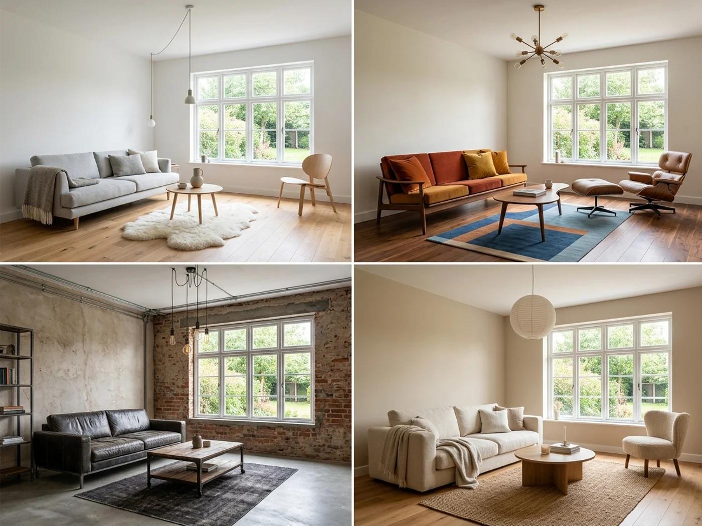 The same living room shown in four interior styles — Scandinavian, mid-century modern, industrial, and cozy minimalist