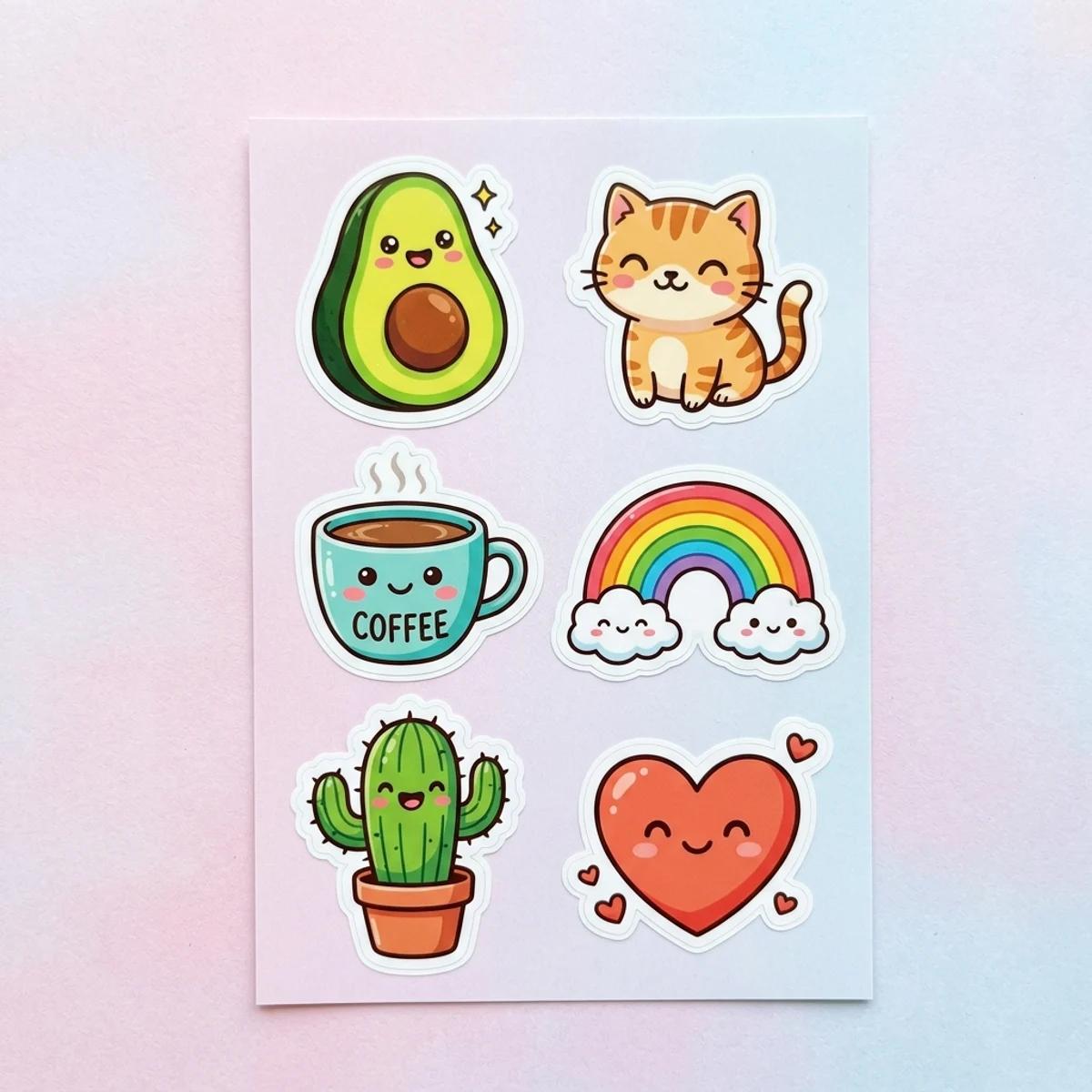 A sticker sheet of six cute die-cut stickers on a pastel background