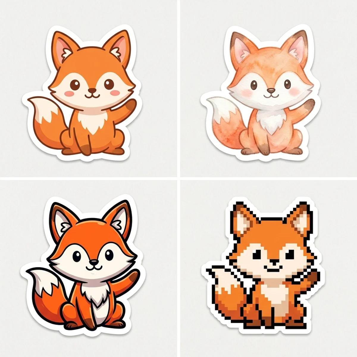 The same fox character as a sticker in four styles: kawaii, watercolor, comic, pixel