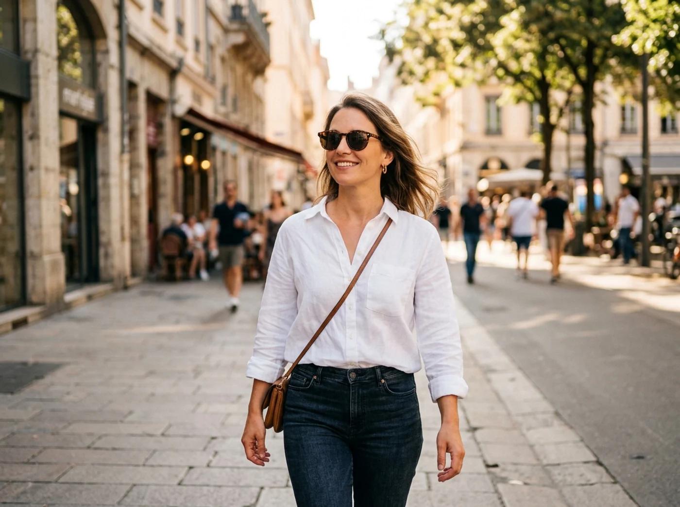 A person wearing sunglasses outdoors on a sunny street, natural everyday look