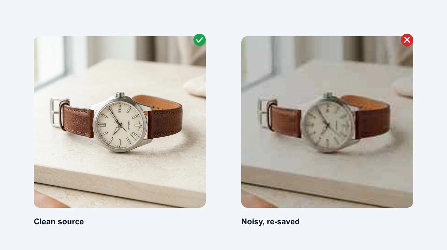 A clean sharp source thumbnail next to a noisy heavily compressed one, showing which upscales better