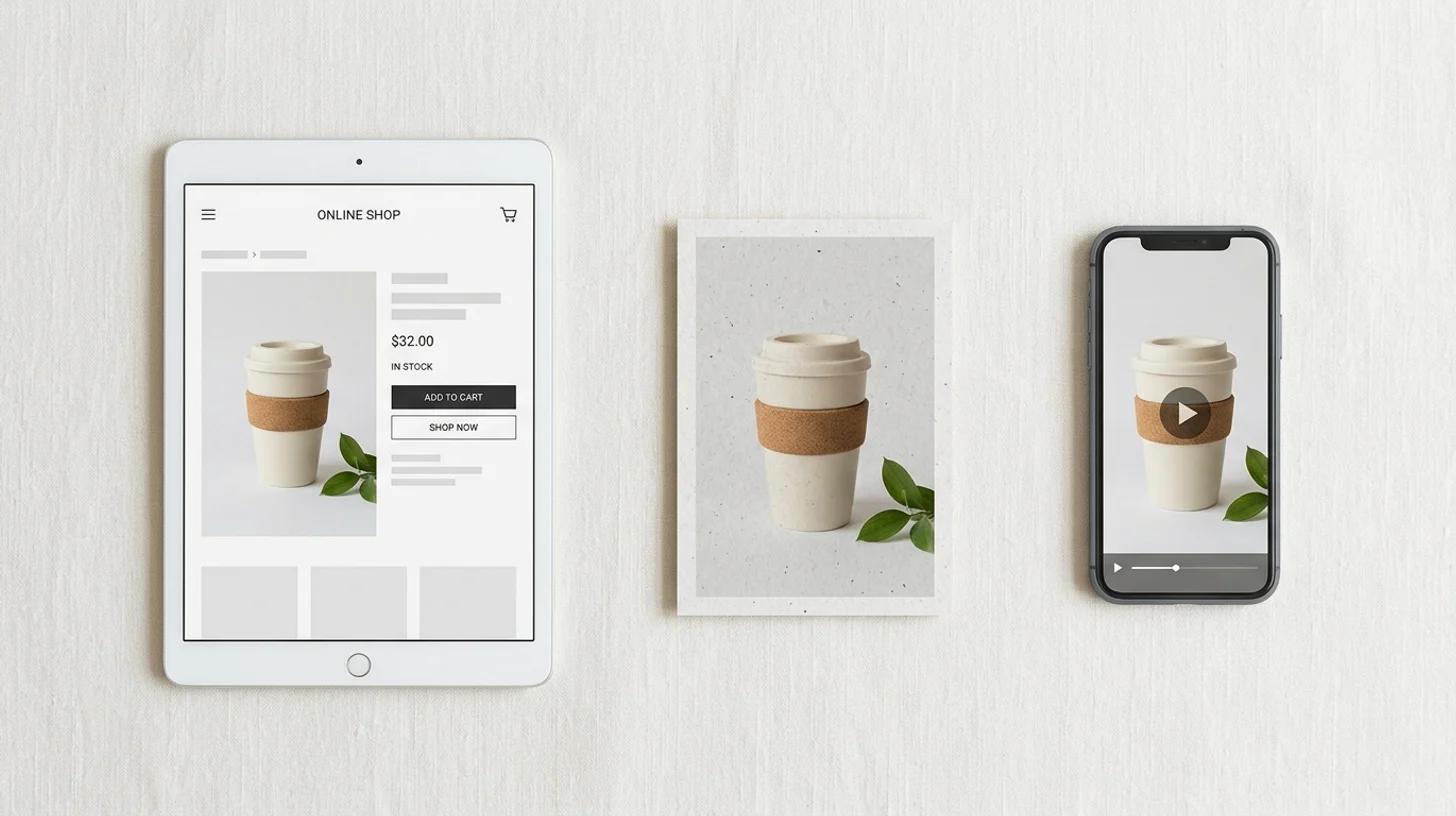 An upscaled image shown in use on a product page, a printed card, and a video first frame