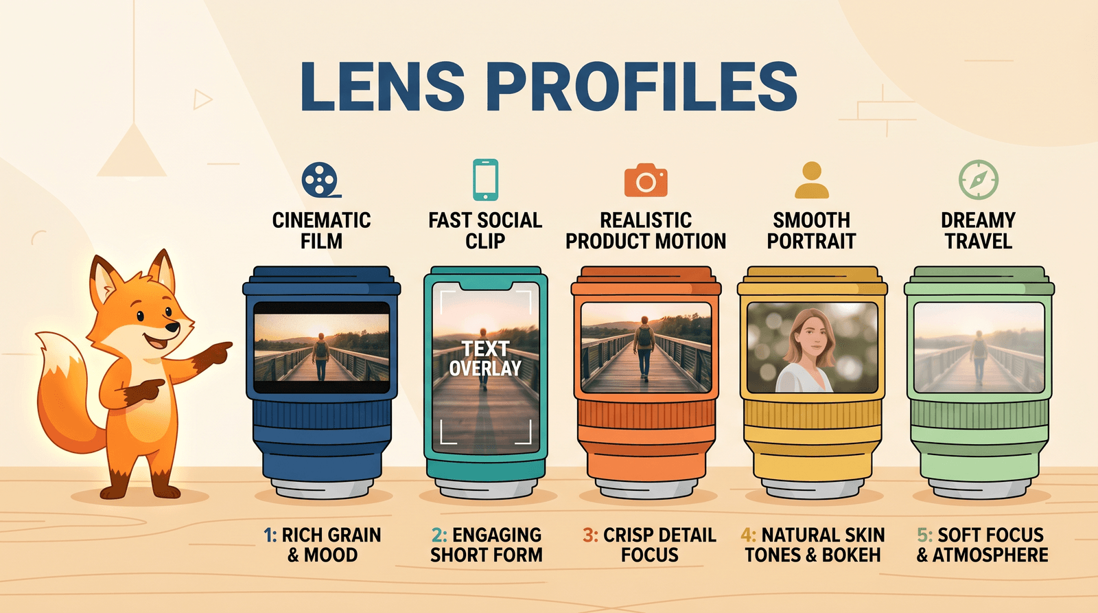 The same short video frame shown through five different camera lenses, each emphasizing a different look