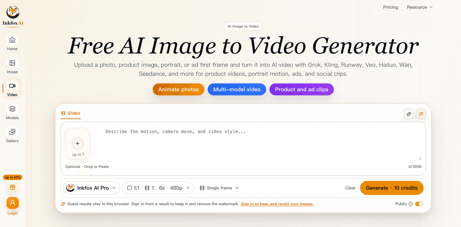The Inkfox AI image to video tool with the upload area ready for a photo