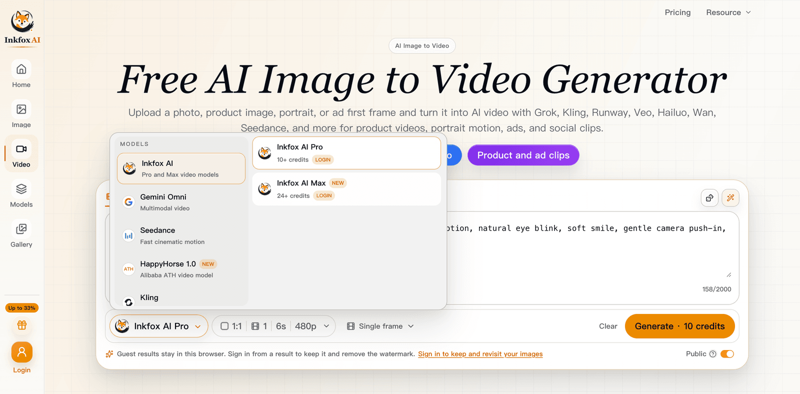 The Inkfox AI model menu open, showing video models like Inkfox AI Pro, Gemini Omni, Seedance, and Kling with their credit costs
