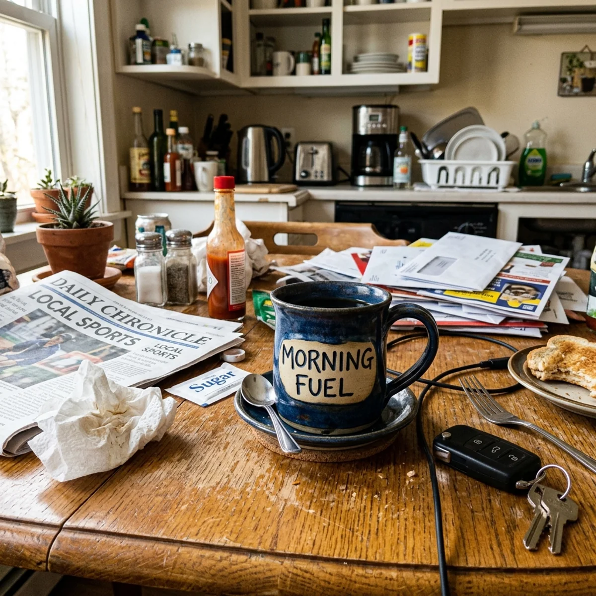 Mug on a cluttered table