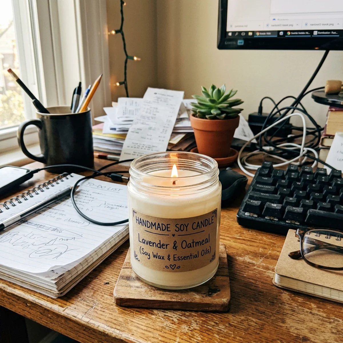 Candle on a cluttered desk