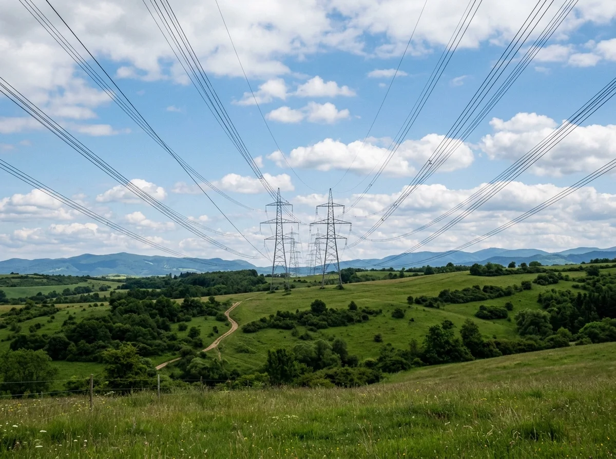 A landscape photo with power lines across the sky