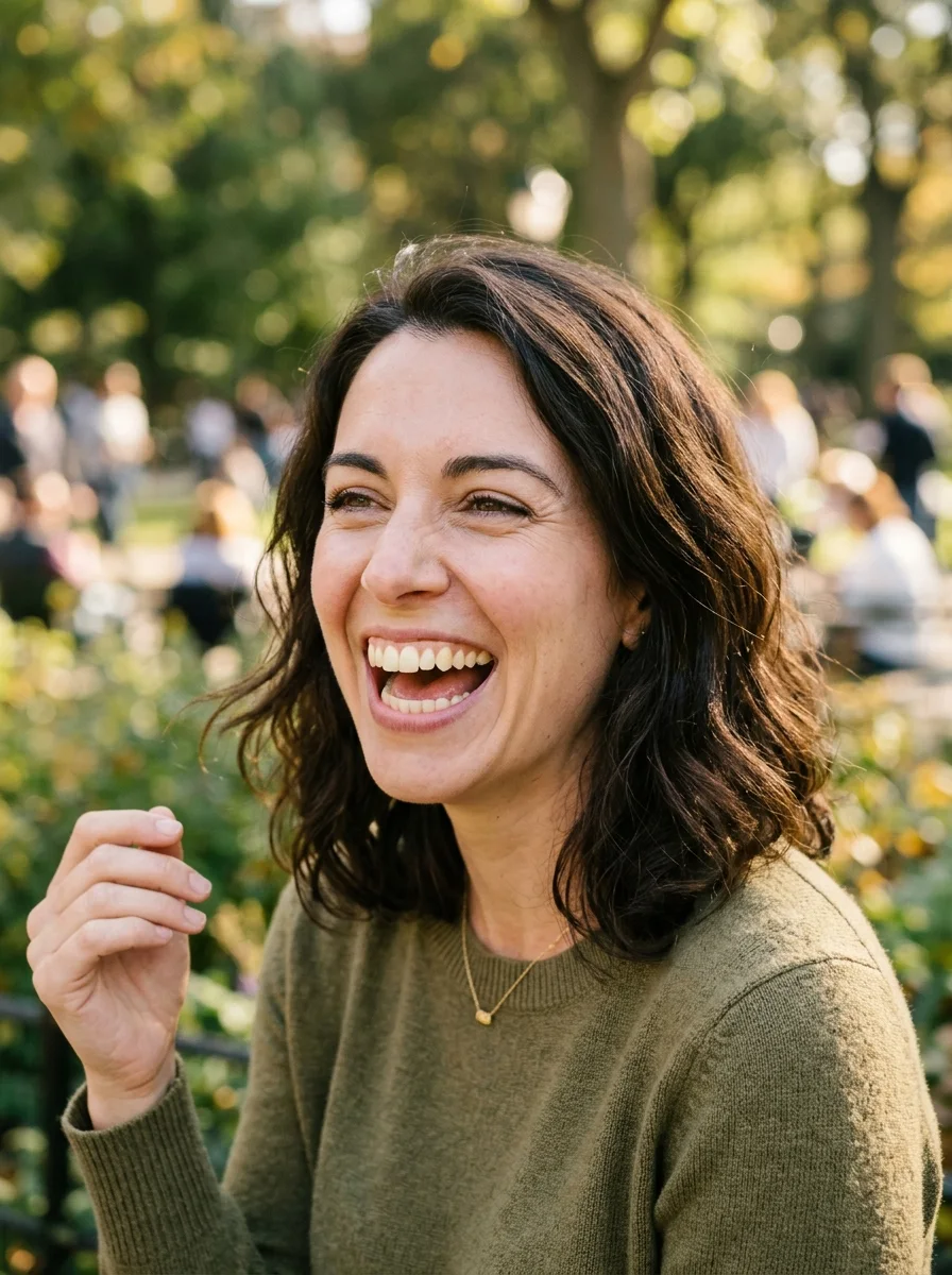 A woman with yellow teeth