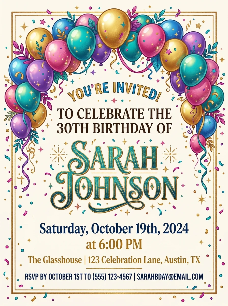 Balloon arch birthday invitation example