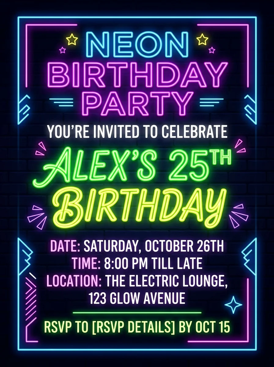 Neon party birthday invitation example