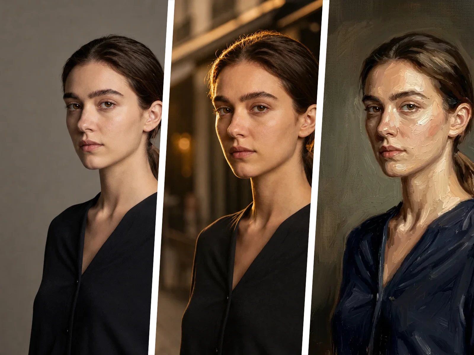 Same portrait restyled across three looks