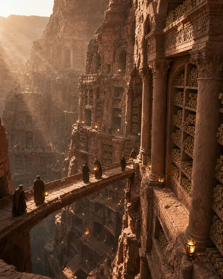 Fantasy concept art of an ancient library carved into a vertical sands