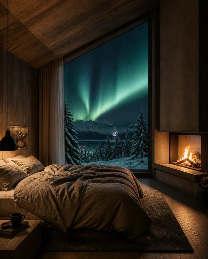 Cozy cabin bedroom under northern lights with a floor-to-ceiling windo