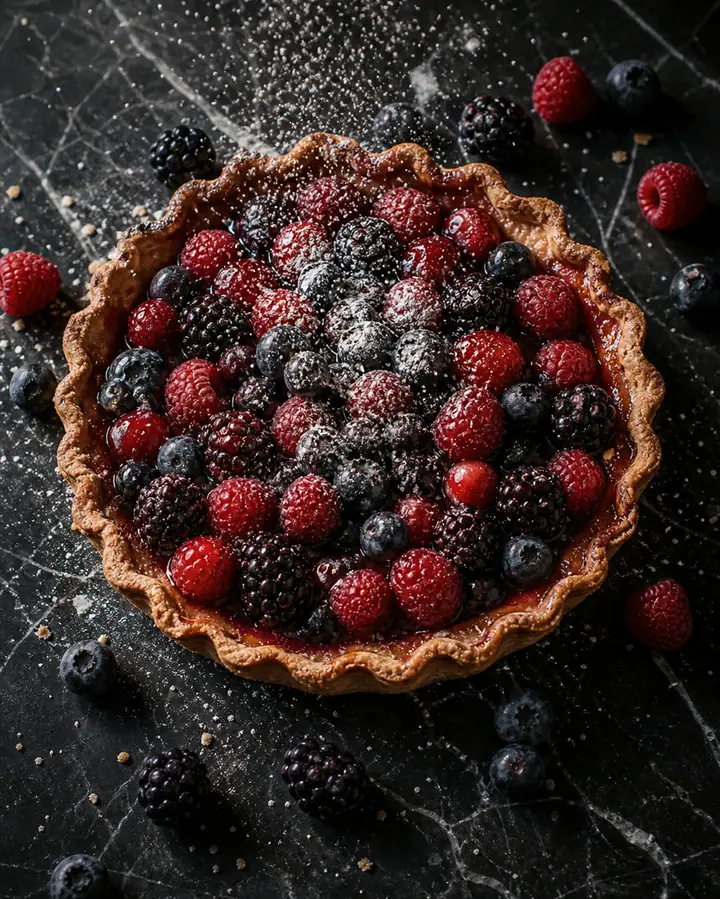Premium berry tart dessert poster with pastry crumbs, glossy fruit, ca