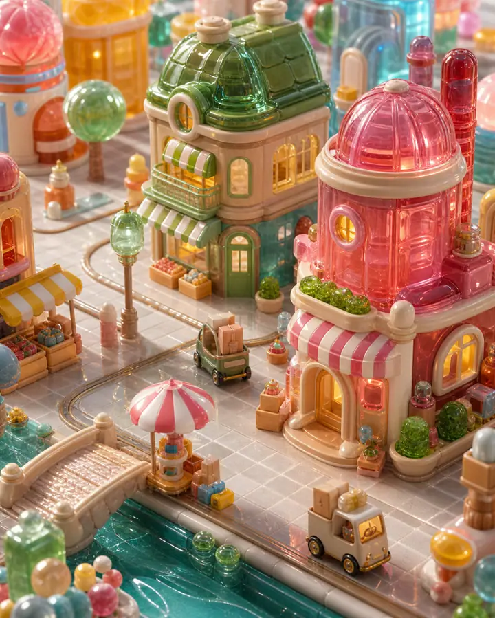 A playful miniature city made from translucent candy glass, toy-scale
