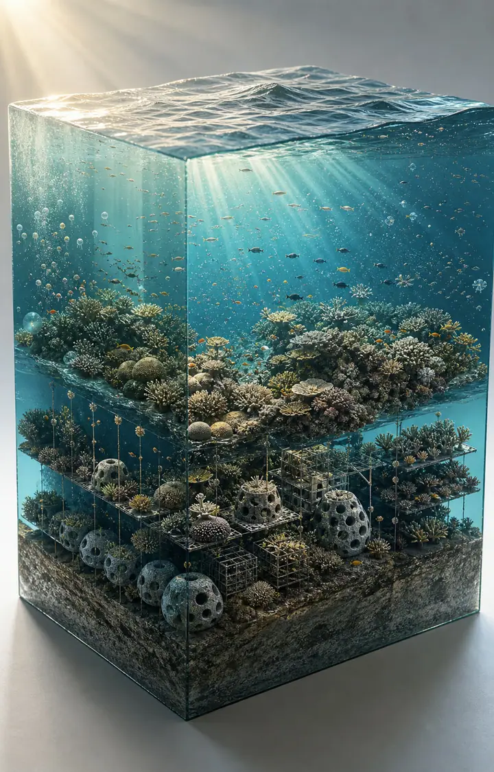 Create a glowing coral reef city at night with tiny research pods, cin
