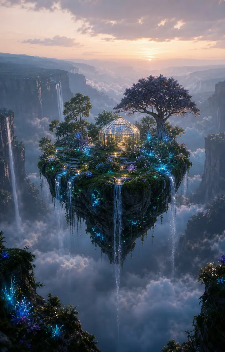 Floating garden island with a small glass greenhouse, waterfall edge,