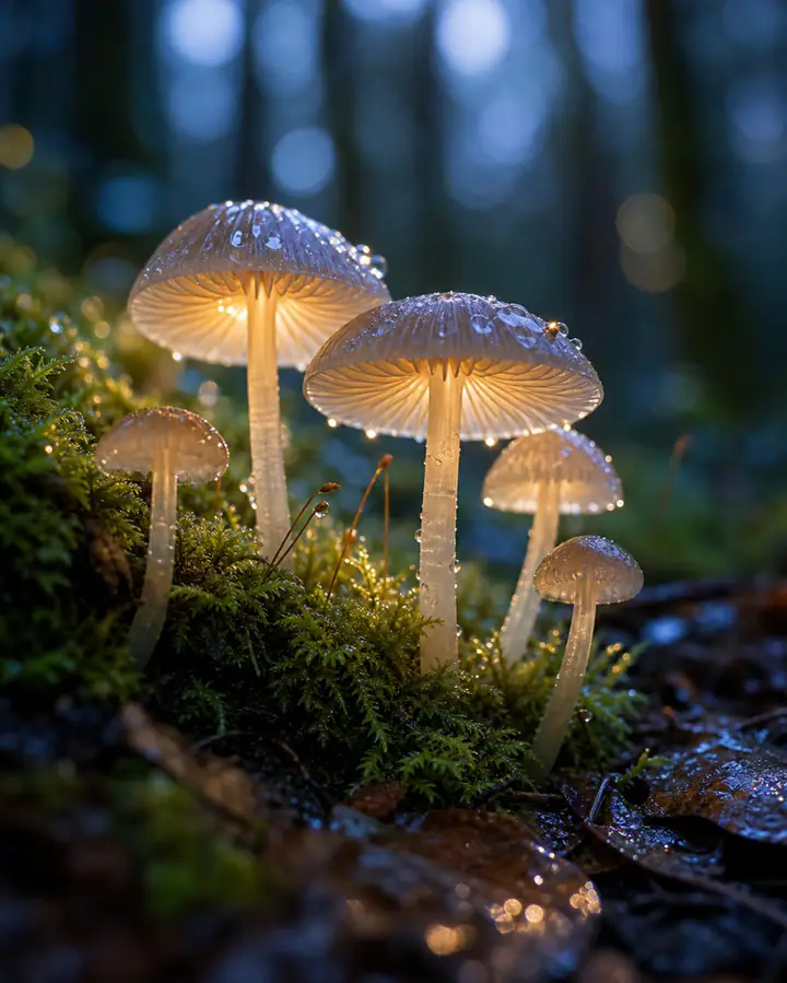 Macro fantasy forest floor with glowing mushrooms, dewdrops, tiny fox