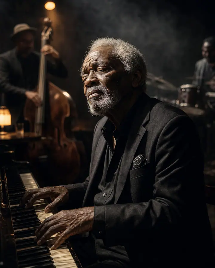 Elderly jazz pianist in a midnight club, worn piano keys, tungsten sta